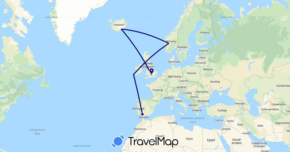 TravelMap itinerary: driving in Spain, United Kingdom, Ireland, Iceland, Norway (Europe)